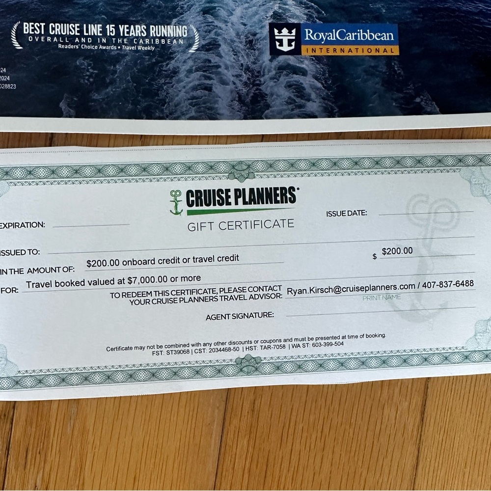 Royal Caribbean Cruise Certificate